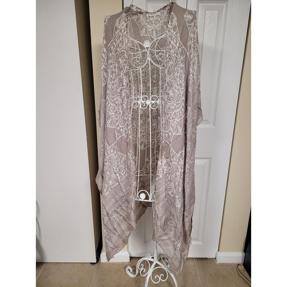 Beautiful Nomad Kimono Wrap Breezy Boho Mandala Paisley Print Taupe White 1 Size